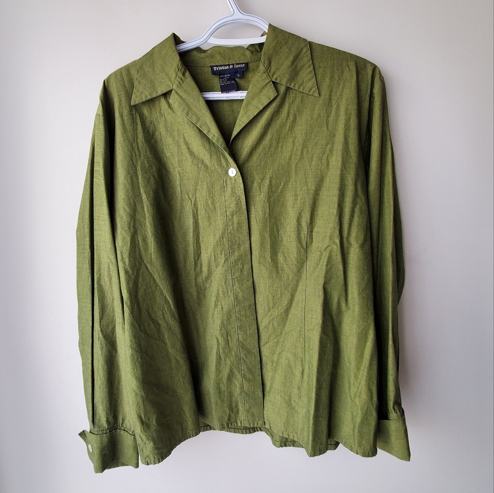 Tristan & Iseut Olive Green Blouse Button Up Shirt